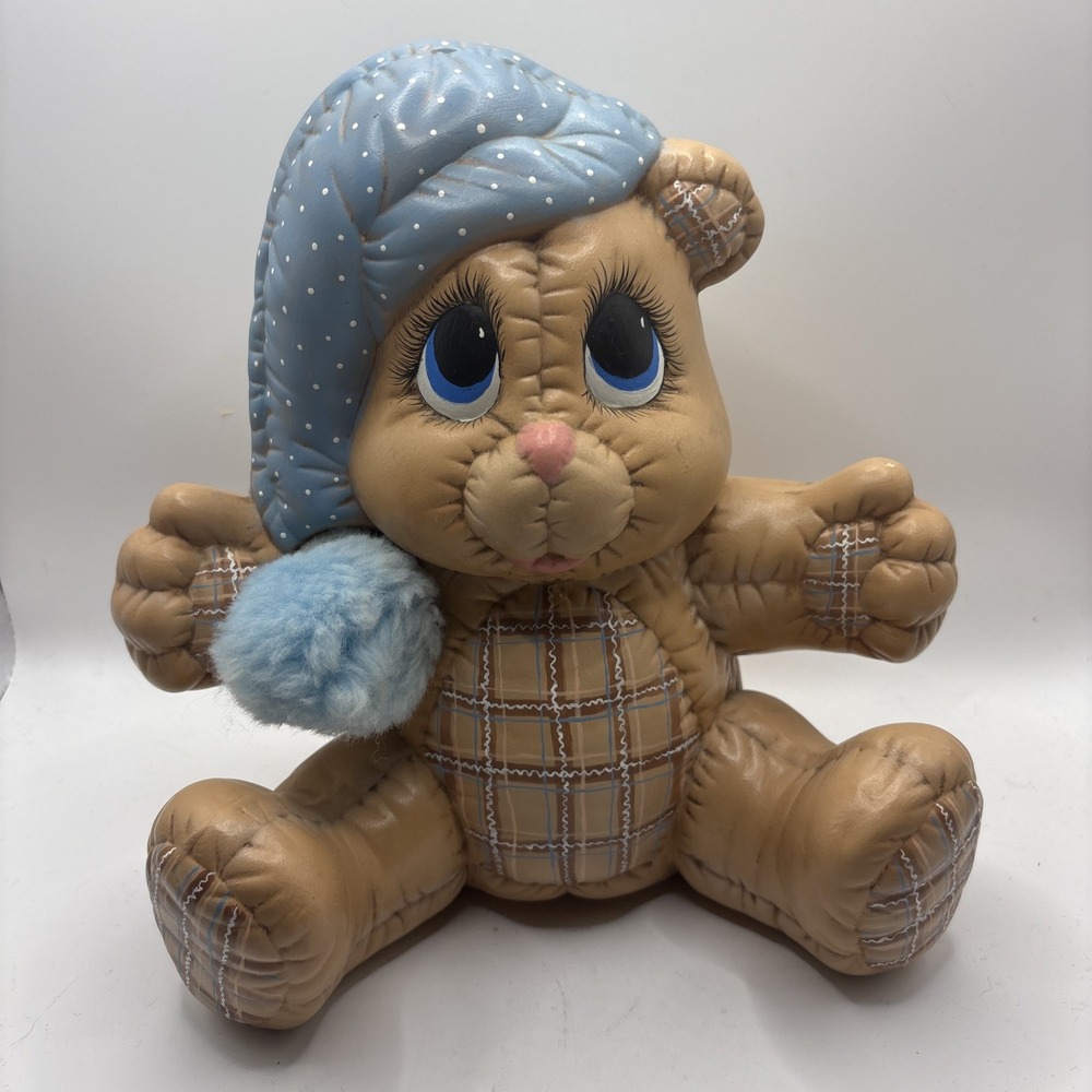 Vtg 1986 Dona Mold Hand Painted Quilted Ceramic Teddy Bear Piggy Bank Nursery